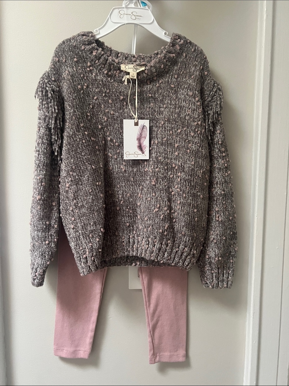 Jessica Simpson Gray Tweed Crewneck Sweater with Pink Speckle